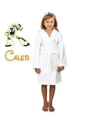 Yellow Robot Cartoon Design & Custom Name Embroidery on Kids Hooded Bathrobe